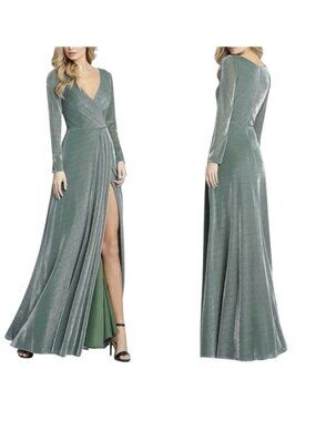 IEENA for Mac Duggal Faux Wrap Gown Maxi Dress Sz 12 Jade Green Metallic stretch